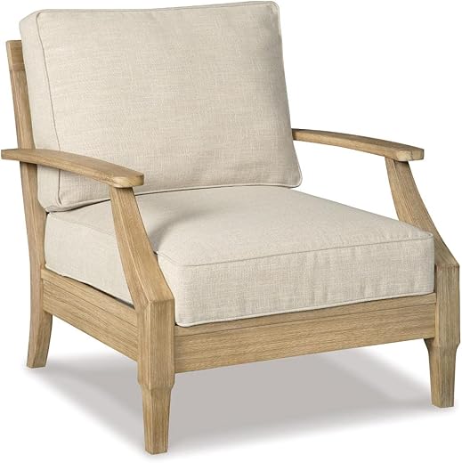 Signature Design by Ashley Clare View Outdoor Eucalyptus Wood Single Cushioned Lounge Chair, Beige