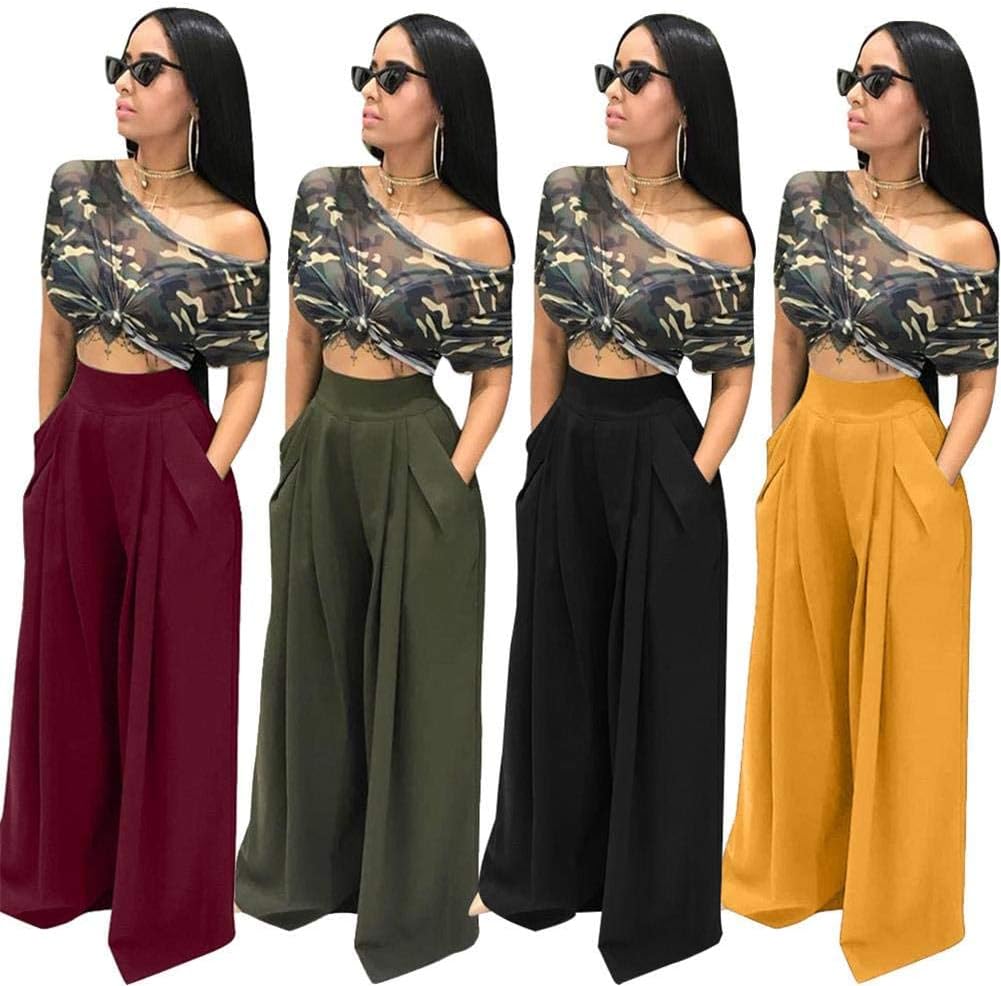NRTHYE Womens Palazzo Long Pants High Waist Wide Leg Stretchy Loose Fit Casual Trousers with Pocket - Image 2