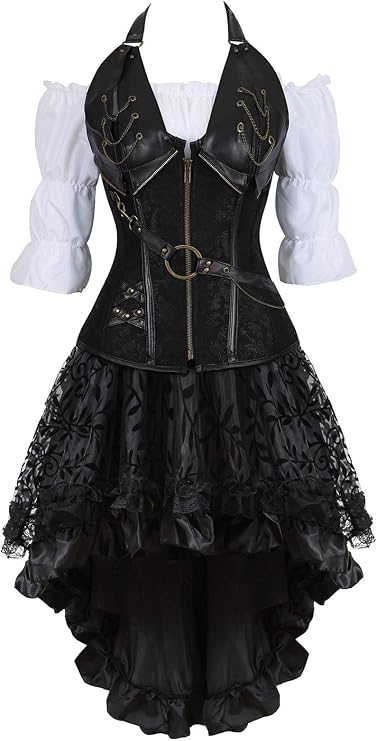 Corsetto marrone vittoriano Steampunk da 3 pezzi e doppio busto, gonne lunghe marroni e corte nere, costume, abbigliamento gotico per cosplay e Halloween - Italia
