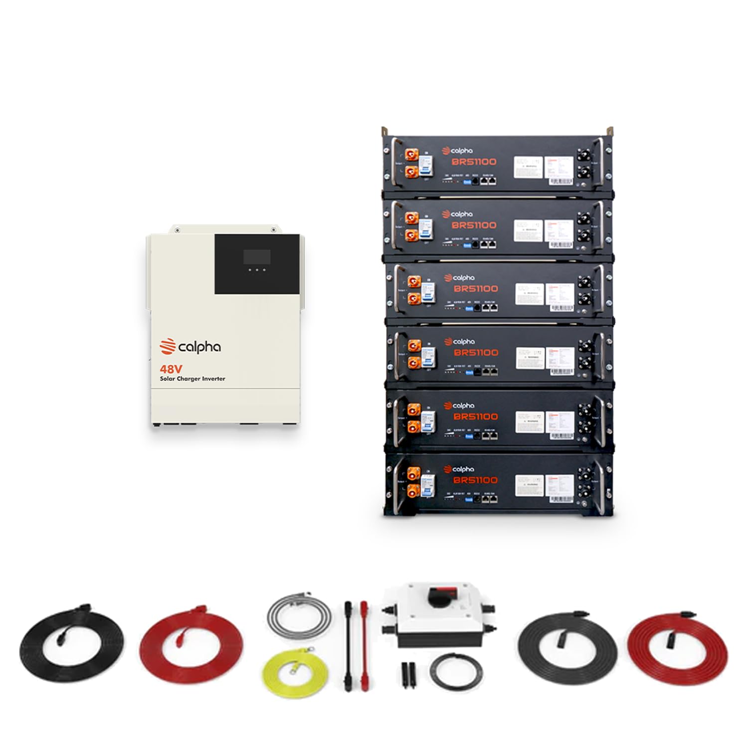 Calpha 30.72kWh Solar Kits (Without Panels) : 6 * 51.2V 100Ah LiFePO4 Lithium Battery + 5kW Integrated Solar Power Inverter + Accessories, 48V System - Floor-Standing