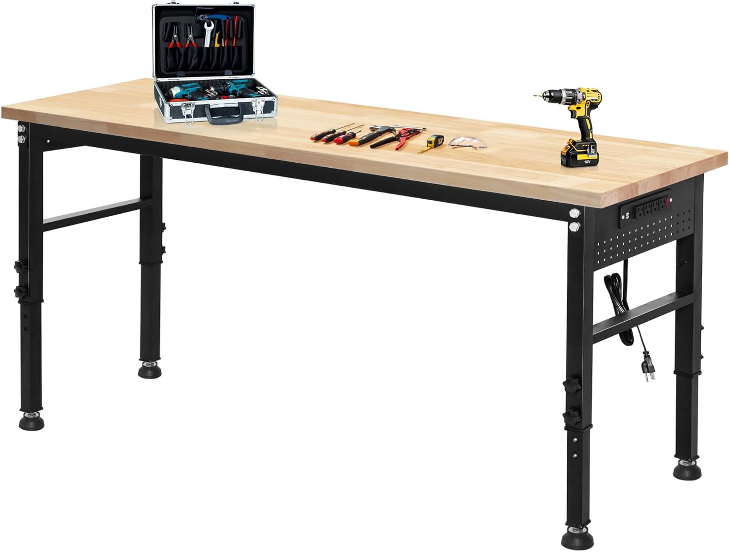 70'' Adjustable Workbench, 2000 LBS Load Capacity Heavy Duty Workstation with Power Outlets, Rubber Wood Top Worktable for Garage, Office,Workshop, Commercial