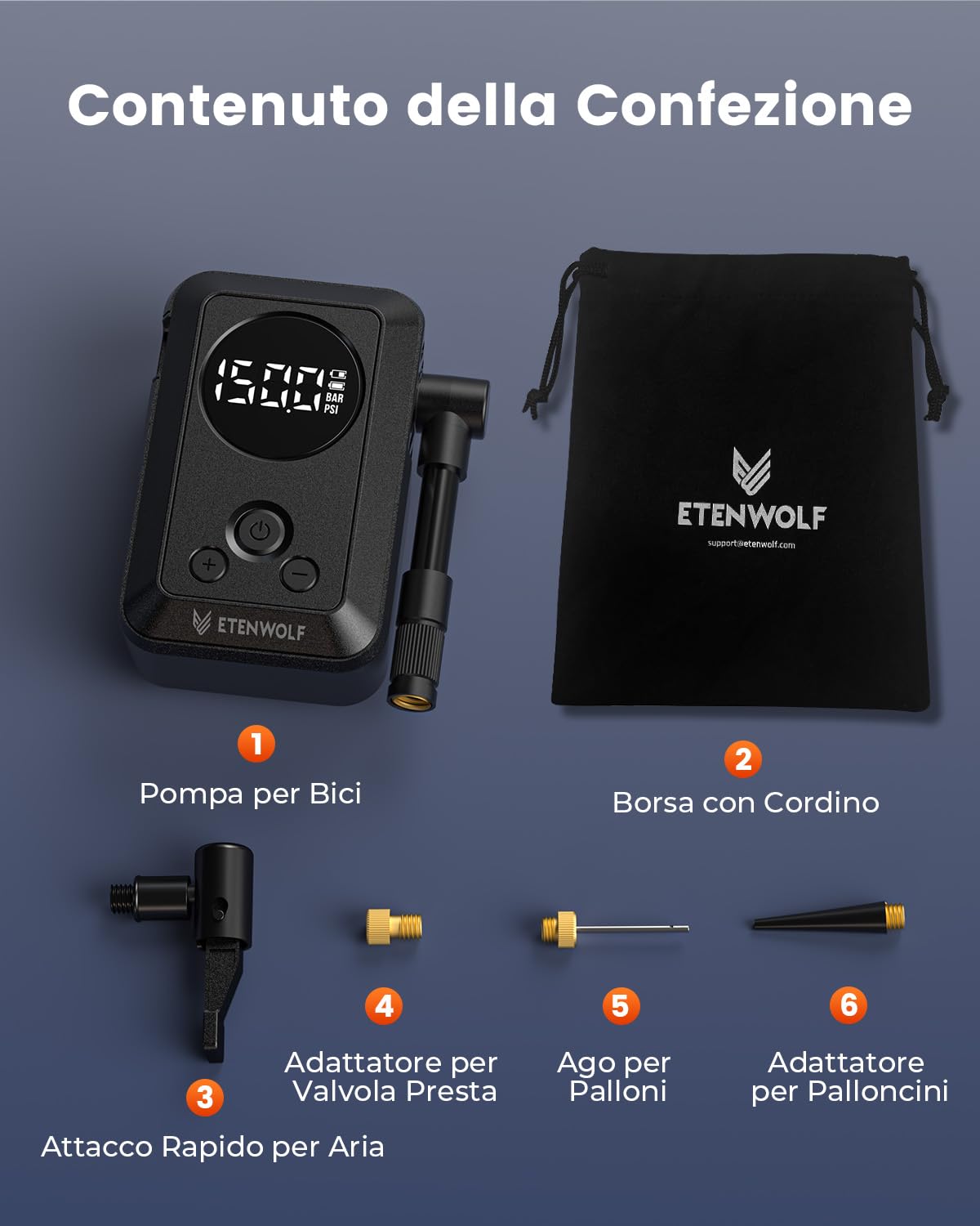 ETENWOLF Mini pompe à vélo 10,34 Bar, gonfleur de pneus portable avec manomètre, arrêt automatique