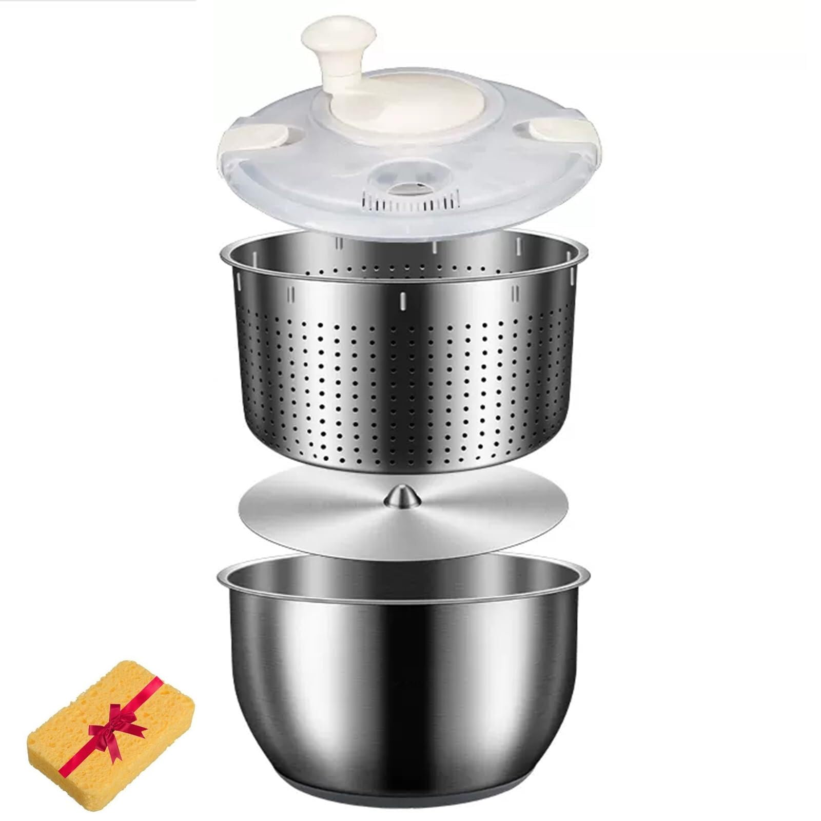 Centrifuga per insalata in acciaio inox, rondella manuale per verdure con coperchio in polipropilene, strumento di pulizia e asciugatura facile per preparare insalate fresche