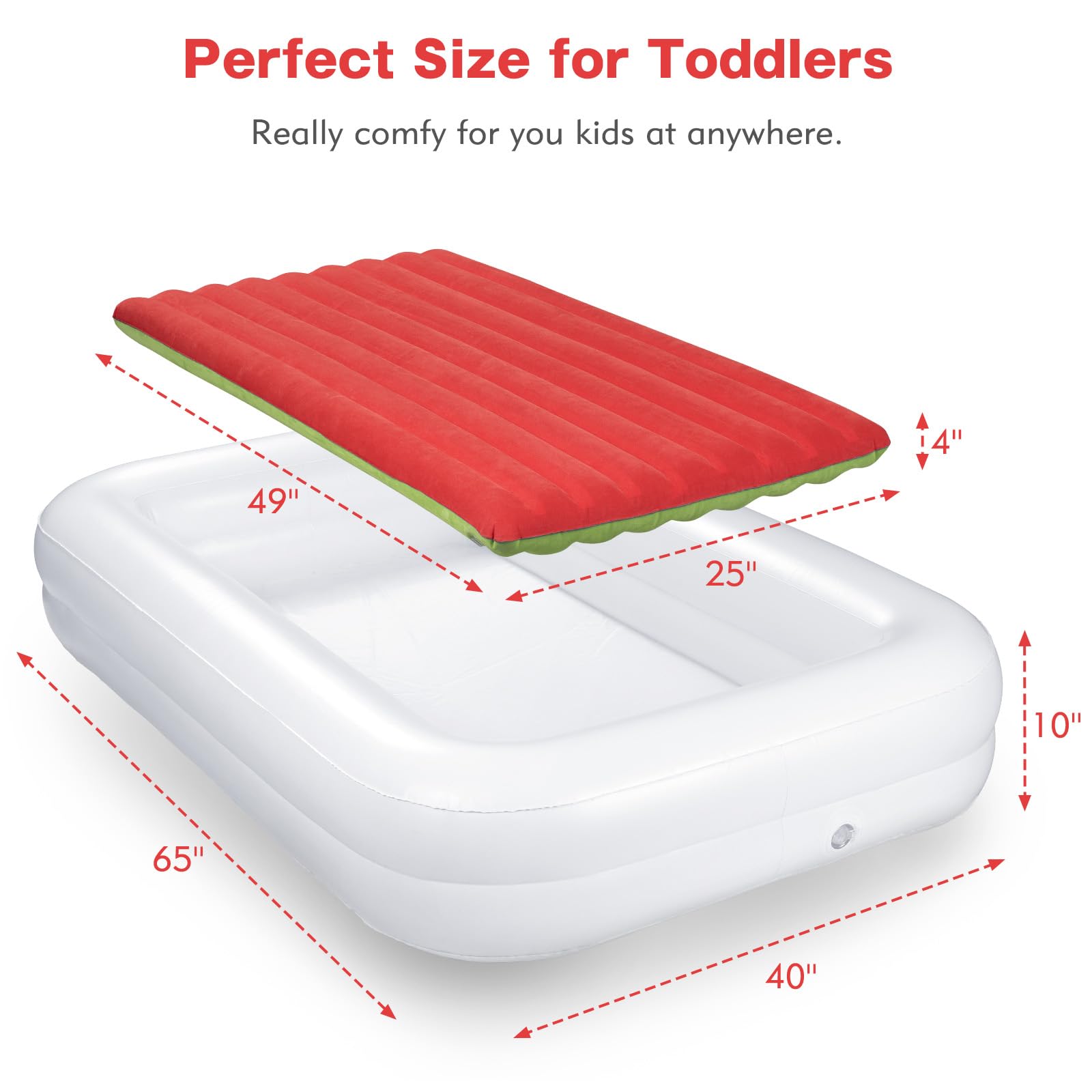 Toddler Travel Bed [4-Side] | Both Side Usable Toddler Air Mattress | Inflatable Toddler Bed | Portable Inflatable Kids Travel Toddler Bed | Kids Blow Up Mattress with Sides, Red & Green