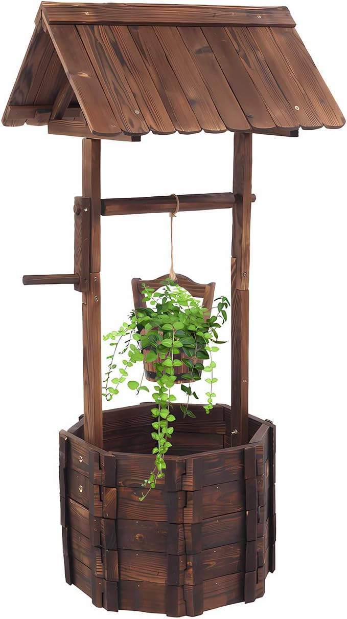 ARIMIS Outdoor Rustic Wooden Wishing Well Planter with Hanging Bucket for Garden, Patio, and Yard Decorations - Anticorrosive and Reinforced Flowerpot