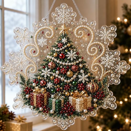 Christmas Pearl Diamond Painting Suncatcher Kit, Xmas Tree Acrylic Snowflake-Shaped Board with Lace Edge, Diamond Art Kits for Adults, DIY 3D Christmas Diamond Art for Xmas Windows Trees Wall Decor