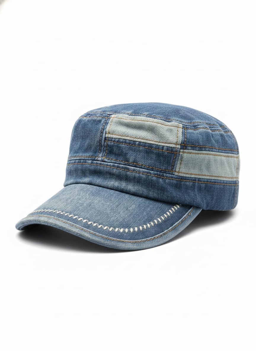 Denim Military Cap, Blue, Flat Top Cadet Hat, Distressed Vintage Style, Adjustable-image-34