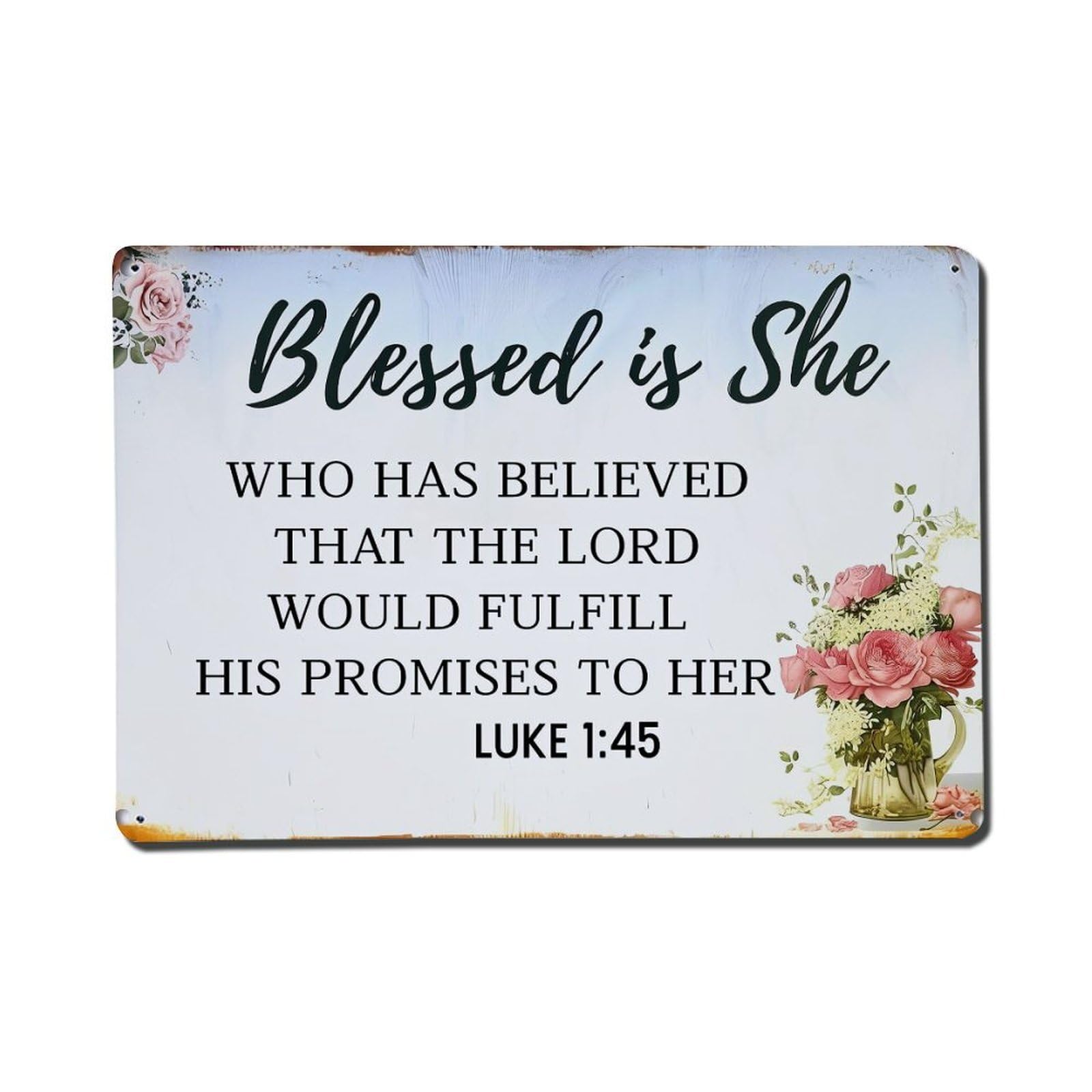 Bliveurn Vintage Blessed Is She Scripture Verse Retro Metal Tin Sign, Metal Poster For Home, Gaming Room, Studio Workshop,Bar,Garage Wall Art Decor 8X12 Inch