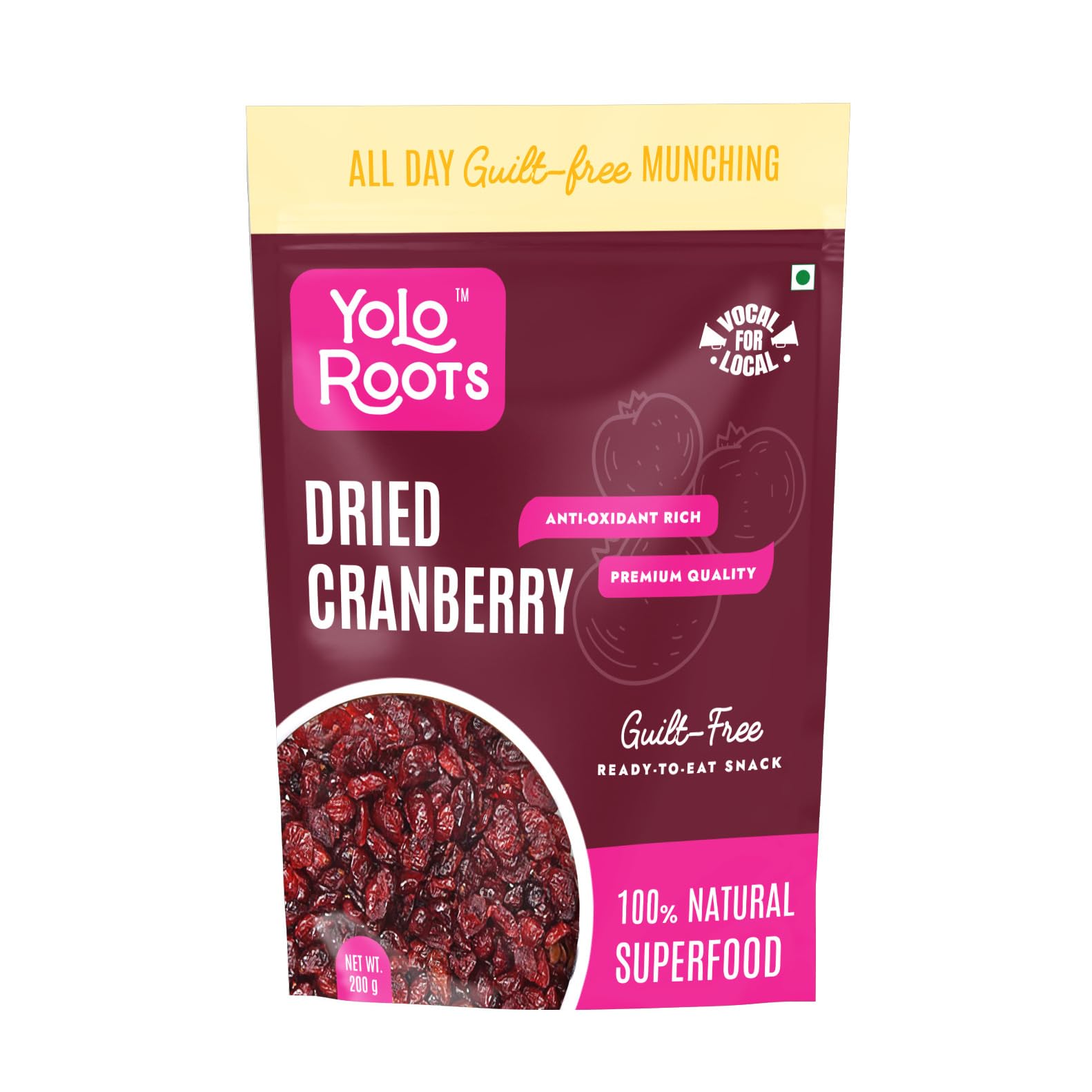 Yolo Roots Dried and Sweet Sliced Cranberries 200 gm | Dry Fruit, Berries, High Nutrient and Antioxidants | No Added Preservatives | Healthy and Tasty | Rich in Fibre | For Kids and Adults