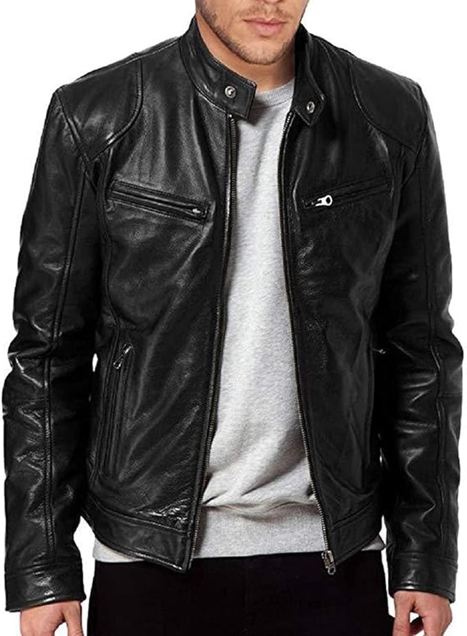 Maiyifu-GJ Men's Faux Leather Jacket Stand Collar Motorcycle Leather Jackets Casual Lightweight Zip Up Biker Coat (Black,X-Large)