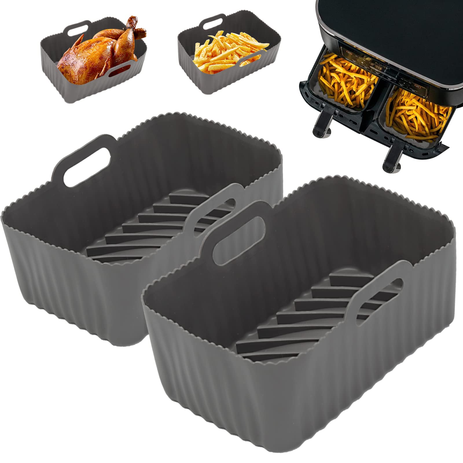 Silicone Air Fryer Liner 2PCS Ninja Air Fryer Liners Reusable Air Fryer Accessories for Ninja Foodi AF300UK/AF400UK Tower Daewoo Dual Air Fryers, Oven, Microwave | BPA Free | Easy Cleaning | Grey