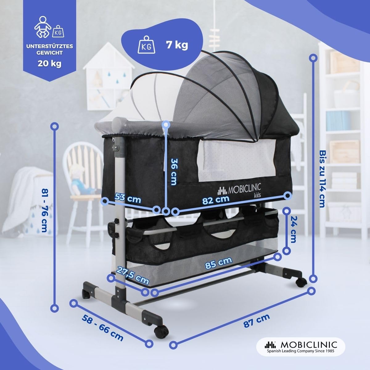 Mobiclinic®, 3-in-1-Babybett, Night, Beistellbett, Höhenverstellbar, Matratze, Moskitonetz, 360°-Rollen, Gurte, Aufbewahrungskorb, Bis 20 kg, Schwarz