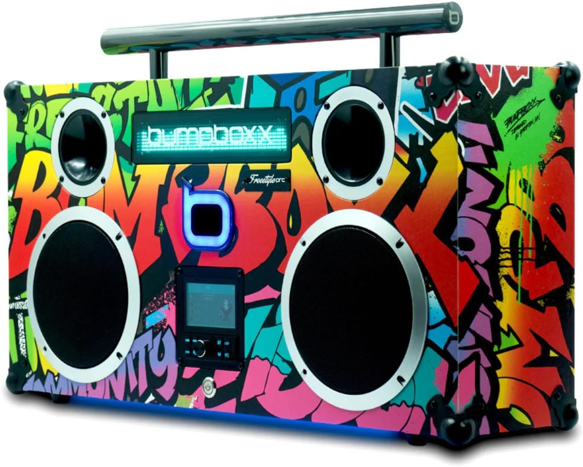 Bumpboxx Freestyle Pro Retro Boombox Bluetooth Speaker, Up to 16-hour Play Time, Deep Bass, Large Bluetooth Boombox Speaker with 3.5" LCD Display, 2 Wireless Rechargeable Microphones, Graffiti - Image 2