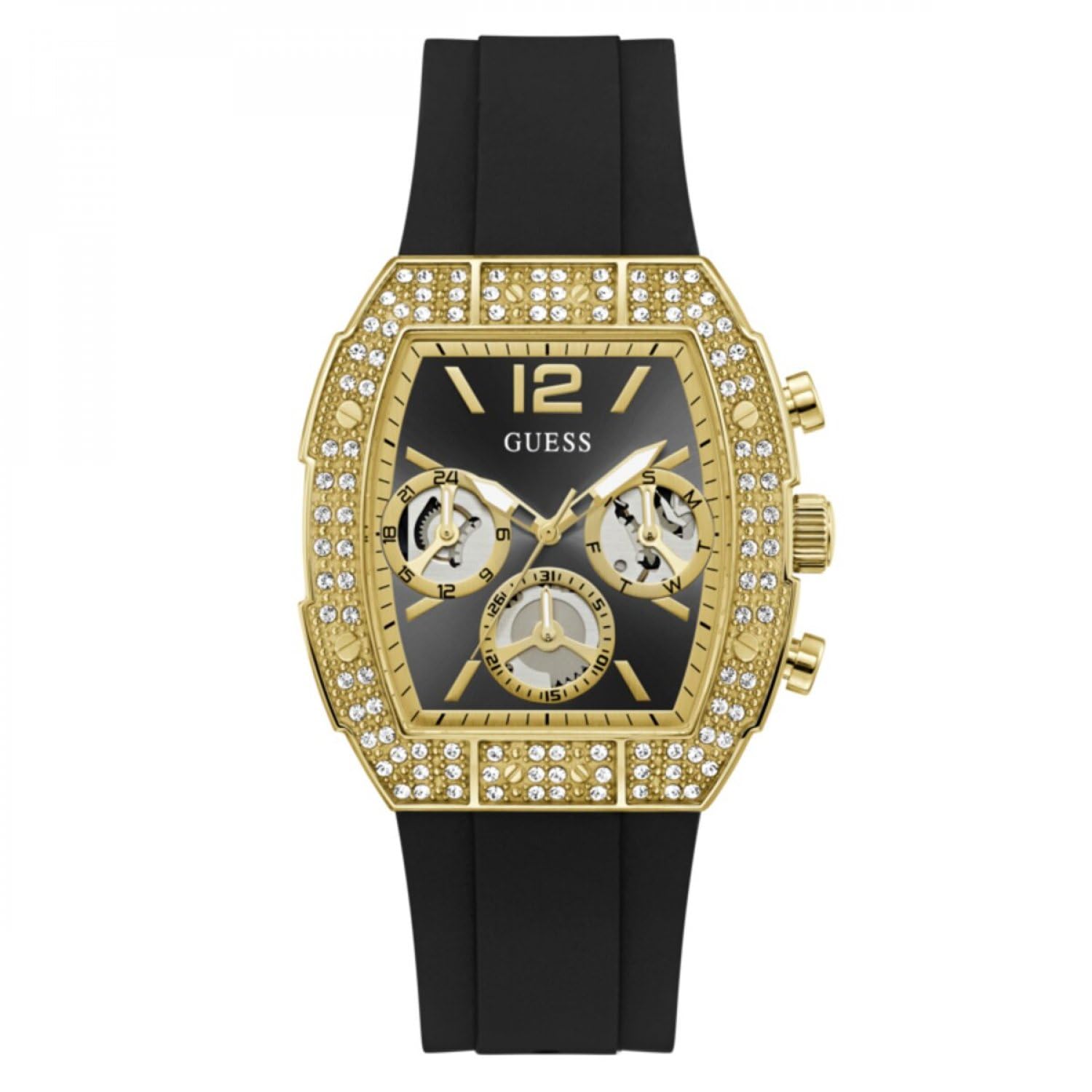 Guess Mens Watch GW1069G2 Phoenix Quantum 44mm Stainless Steel Gold Black Chronograph Quartz Mineral Glass Cubic Zirconia 5ATM Silicone Strap