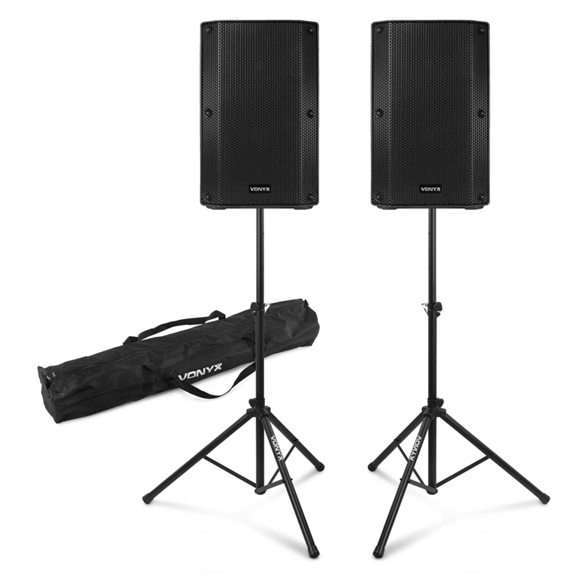 VONYX VSA10P Pack Sono - Ensemble d'Enceintes Passives 10", 1000W avec Supports Trépieds Réglables et Housses de Transport, Idéal pour DJ, Musiciens ou animateurs