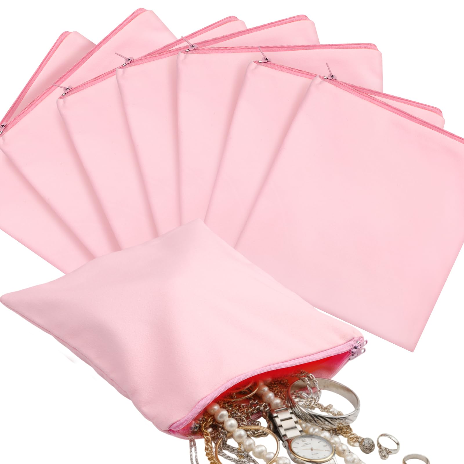 Sanwuta 8 Pcs Zippered Silver Storage Bags Anti Tarnish Pouches, pink