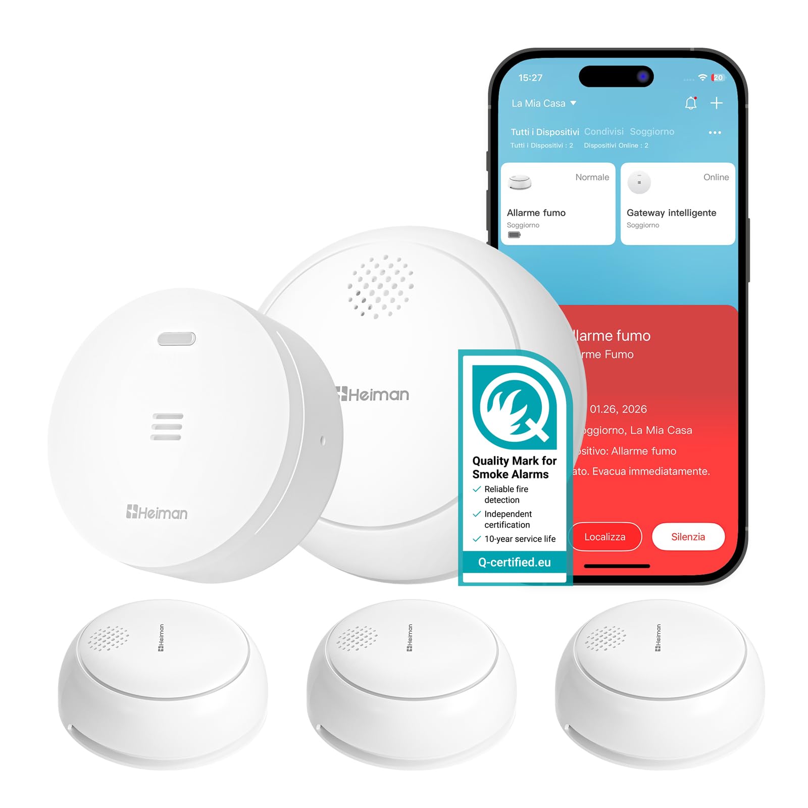Heiman Rilevatore di Fumo Smart – Set da 3 con Gateway e Controllo tramite App, Batteria 10 Anni, Q-Label e EN 14604, Rilevatori di Fumo Wireless Interconnessi con Supporto Magnetico, Bianco