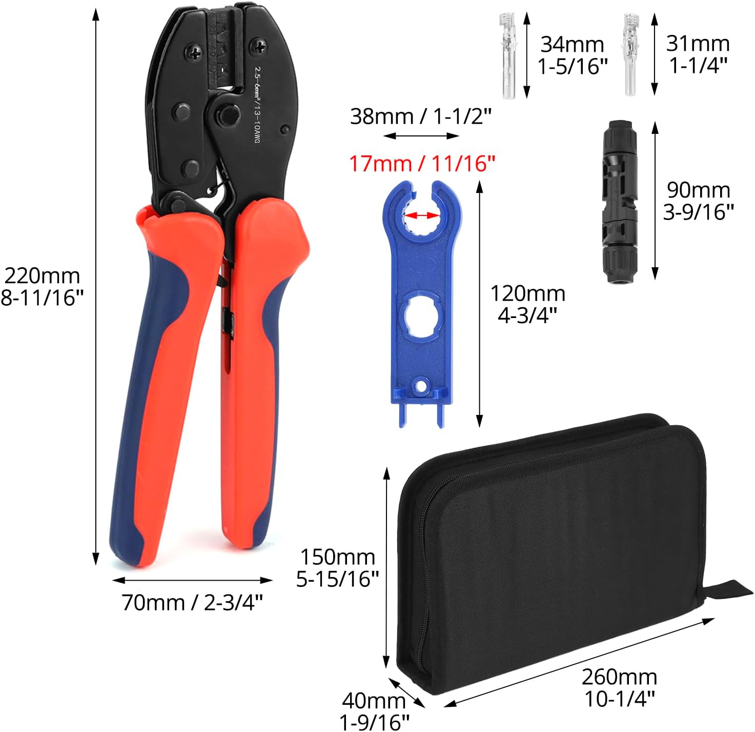QWORK Solar Crimper Tool Kit - 13 Piece Set with High-Carbon Steel Crimper, Solar Connectors, Spanner Wrenches, and Durable Zipper Case for Solar Panel Cable Assembly