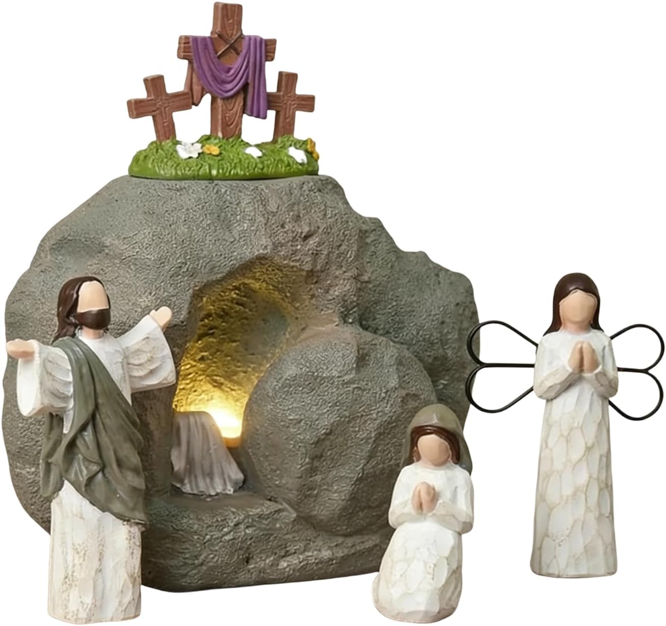 Easter Resurrection Scene with LED Lighting, Resin Empty Tomb Easter Resurrection Scene Religious Decorations for Table Mantel Home Office Christian Decoration