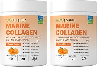 Nutra Marine Collagen/Fish Collagen Powder (Pack of 2-300 G Each) with Hyaluronic acid, Vit C, Biotin & Glutathione | Supports Healthy Skin, Hair, Nails & Joints | Orange Flavour