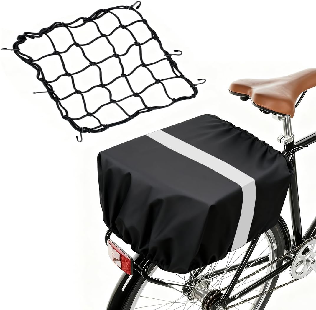 Waterproof Bike Basket Rain Cover and Bungee Cargo Net - Elastic Bicycle Basket Liner with Reflective Strip, Fits Most Bikes