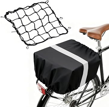 Waterproof Bike Basket Rain Cover and Bungee Cargo Net - Elastic Bicycle Basket Liner with Reflective Strip, Fits Most Bikes