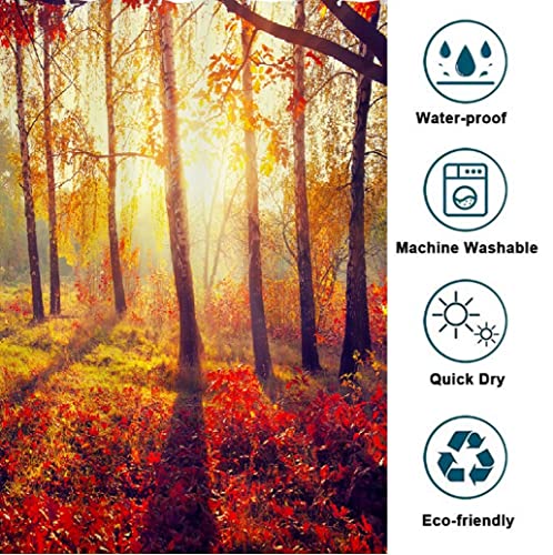 Goodbath Fall Shower Curtain, Autumn Sunshine Forest Tree Waterproof Bathroom Bath Curtains With Hooks, 72 X 72 Inch, Gold Red Brown #TOP1
