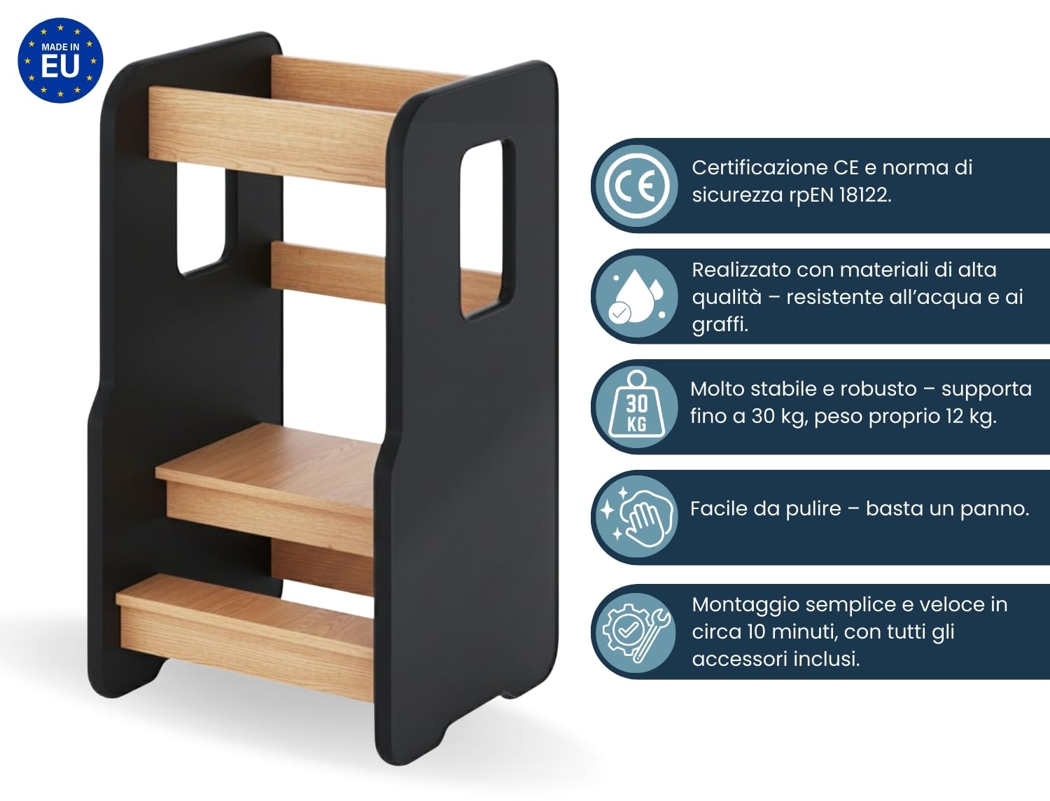 Torre Montessoriana Bambini, Nero/Quercia | Regolabile su 3 Livelli, Torretta Montessoriana, Learning Tower, Torre di Apprendimento, Sedia Evolutiva, Stabile e Sicura