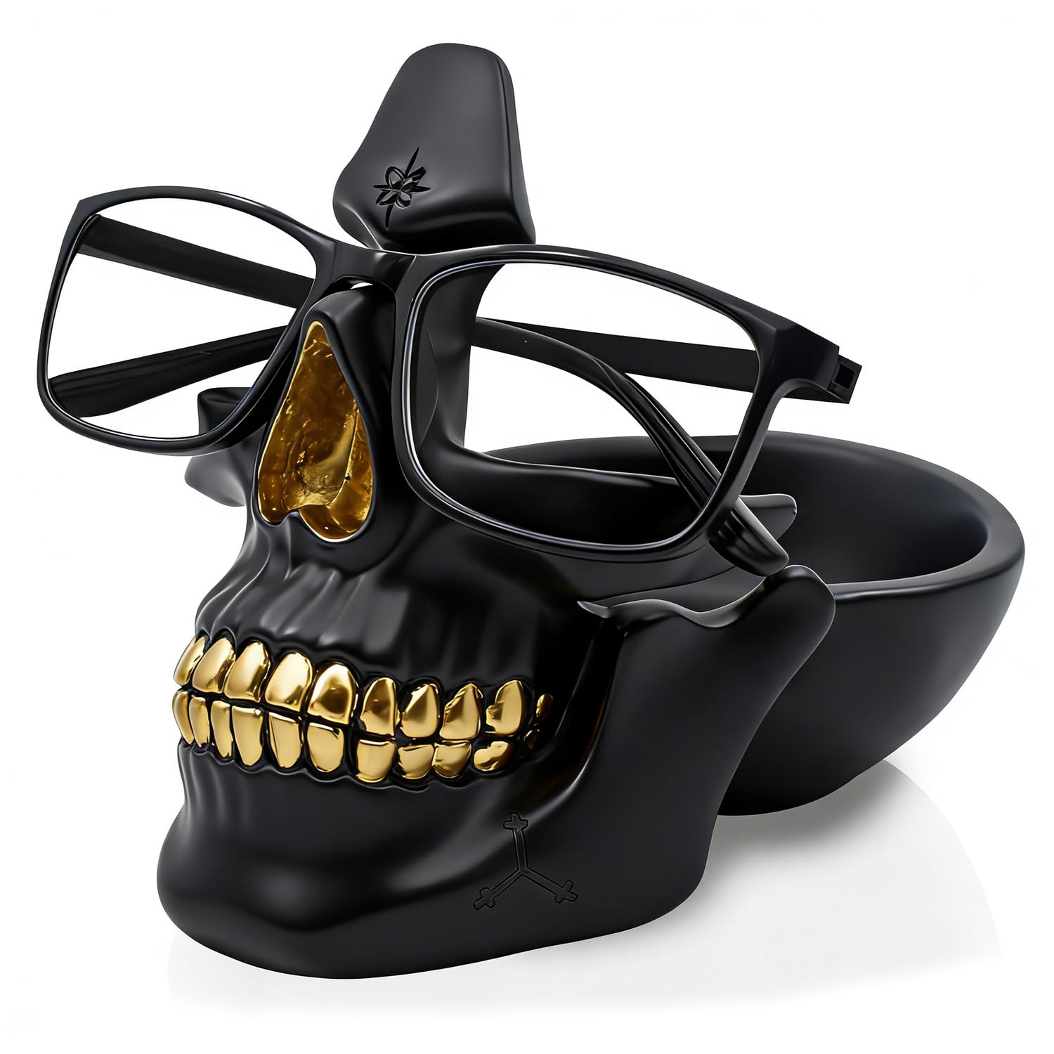 Skull Glasses Holder Stand with Storage Tray , VIPbuy Novelty Eyeglass Holder Rack for Nightstand, Resin Skull Head Sculpture Statue Home Office Desk