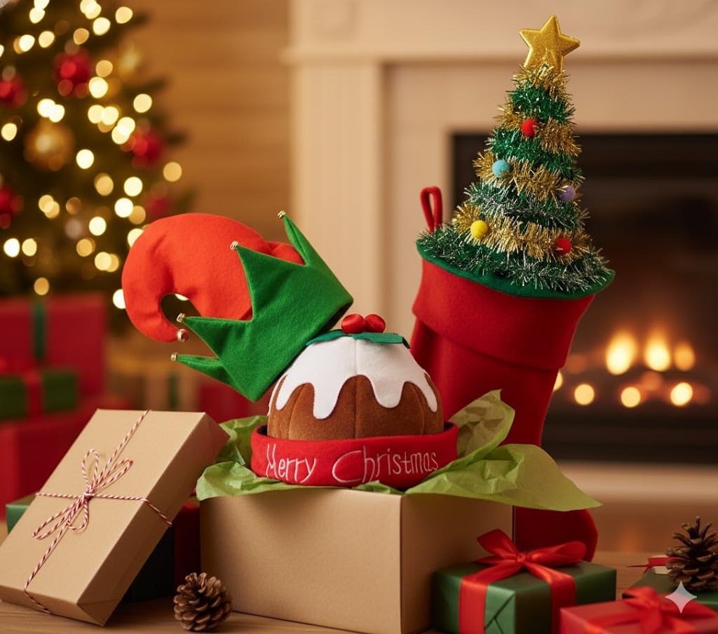 ZANGOC 3 Pack Exclusive Christmas Hats, Elf Hats with Bell Rings, Christmas Tree Hat with Tinsel and Gold Star Topper 43cm - Image 4