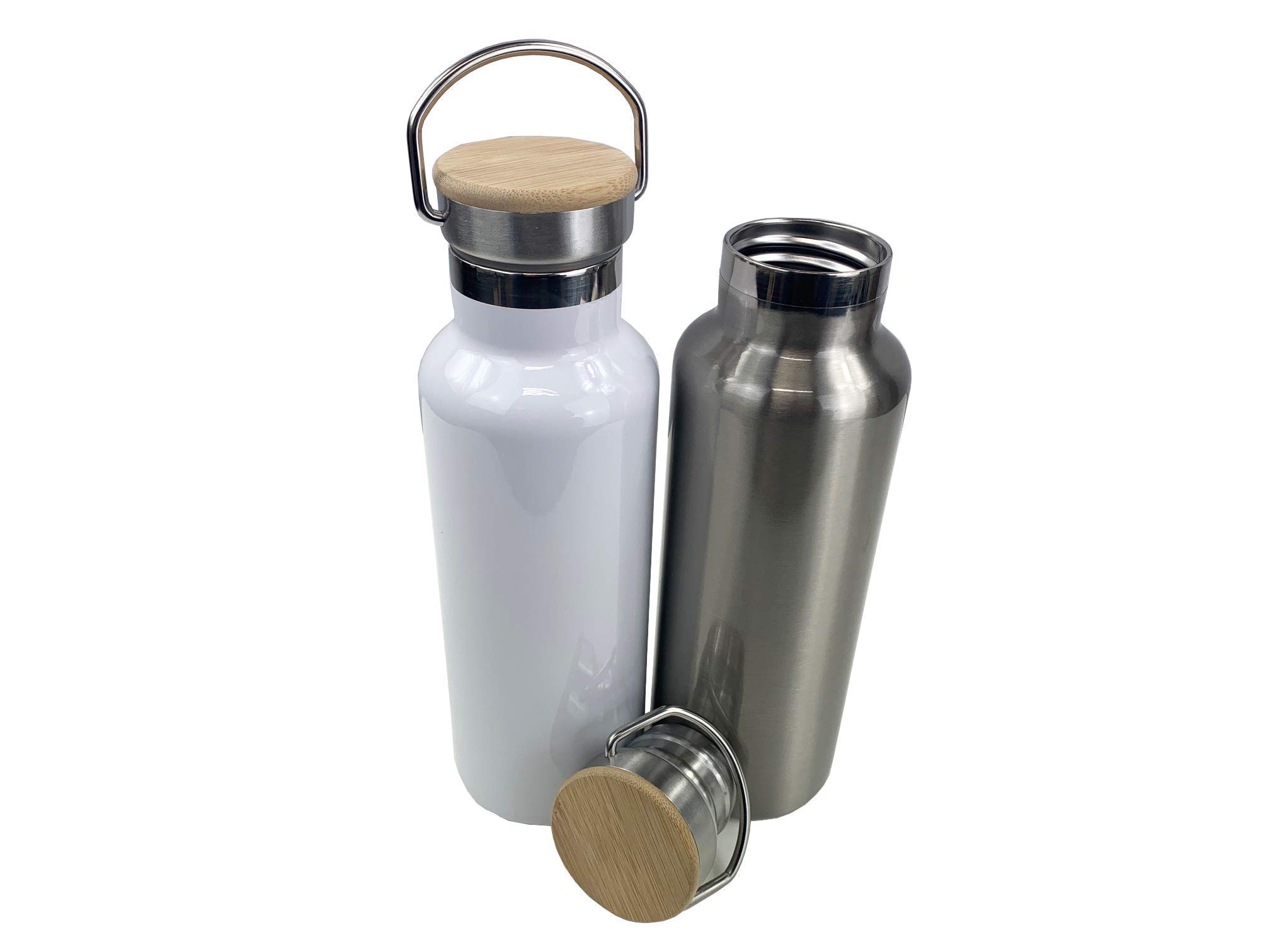 600ml Sublimation Stainless Steel Water Bottle with Bamboo Lid White and Silver Eco Friendly Reusable Bottle Leakproof and Plastic Free Metal (Silver, 25)