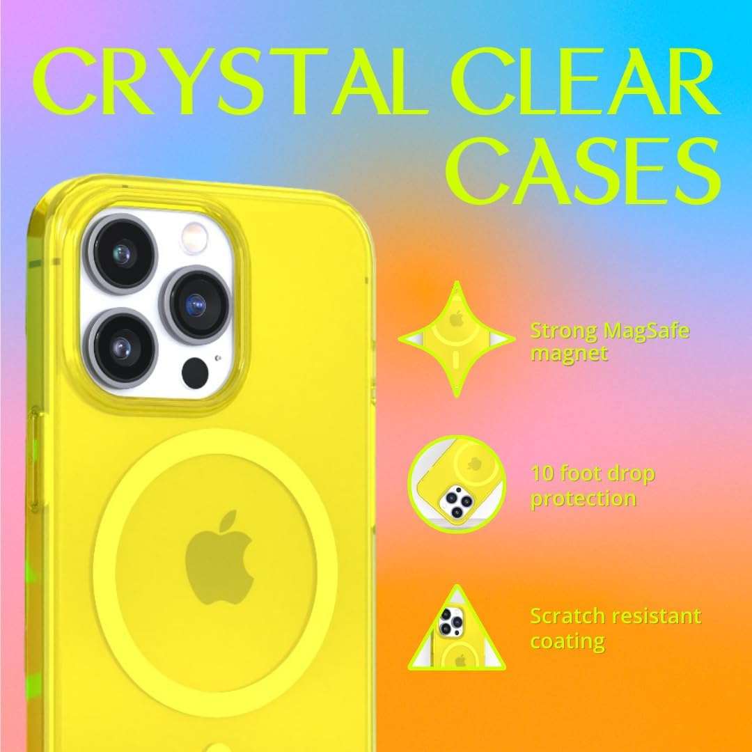 FELONY CASE for iPhone 15 Pro Max - Neon Yellow Crystal Clear Phone Case, Compatible with MagSafe - 360° Shockproof Protective Case Designed for Apple iPhone 15 Pro Max
