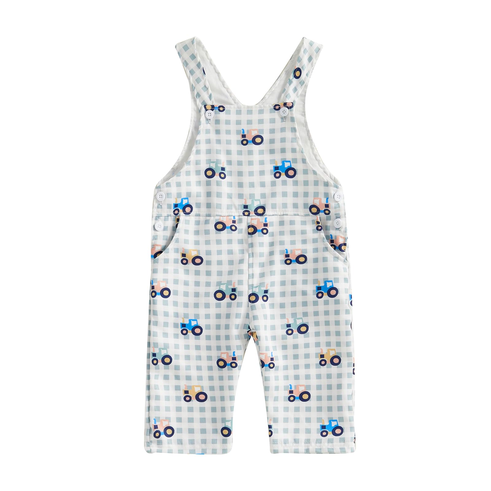 Filgriox Newborn Baby Boy Girl Overalls Sleeveless Jumpsuit Car Print Plaid Suspender Pants One Piece Outfit (Light Green, 18-24 Months)