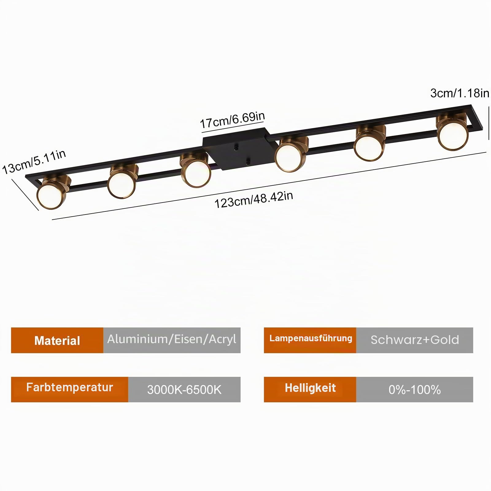 GEADI Modern Deckenlampe 123CM, 72W Dimmbar LED Deckenleuchte mit Fernbedienung, Einstellbar 6 Flammig Küchenlampe Schwarz, Lang Deckenstrahlerleuchte für Wohnzimmer, Schlafzimmer, Esstisch, Flur