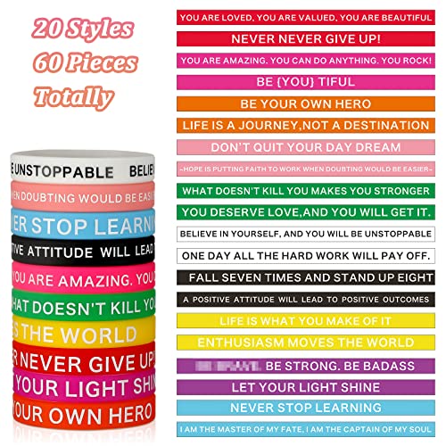 60 Pieces Motivational Quote Rubber Wristbands Colored Inspirational Silicone Bracelets Stretch Unisex Wristbands For Women Men Gifts, 20 Styles (Vivid Colors) #TOP1