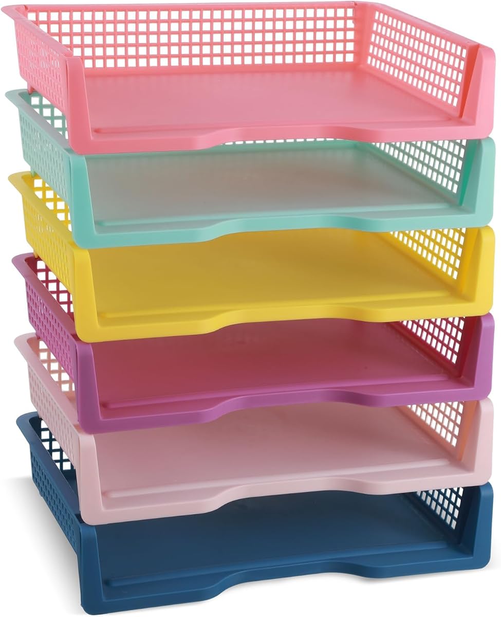 gisgfim 6 Pcs Turn in Trays Classroom Colorful Paper Tray for Classroom Organization and Storage Stackable Plastic Book Baskets Turn in Bins Teacher Organizers for Library Drawers School Office Desk