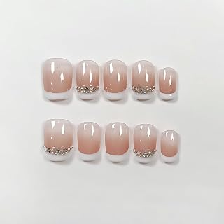 Simple Press on Nails Short Squoval,Nude Pink White French Ombre Fake Nails with Crushed Diamonds,Handmade False Nails Kit with Tools,Minimalist Reusable Nail Art,Classic Chic Daily Wear(S)