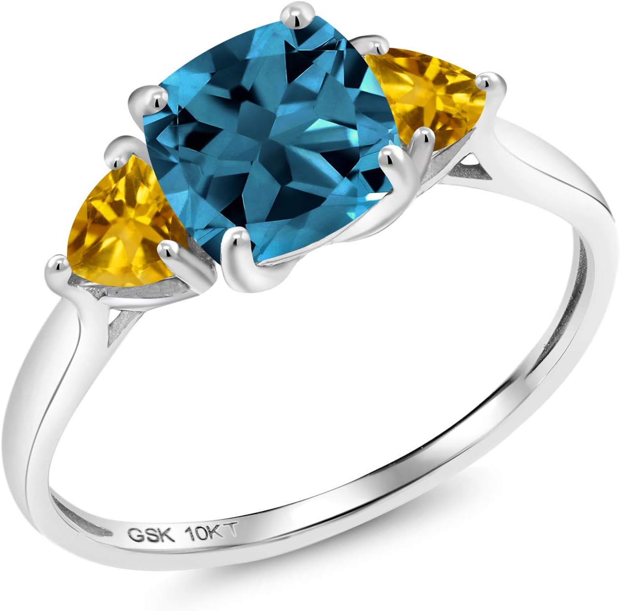 Gem Stone King 10K White Gold London Blue Topaz and Yellow Citrine 3-Stone Engagement Ring For Women (2.25 Cttw, 7MM Cushion and 4MM Trillion)