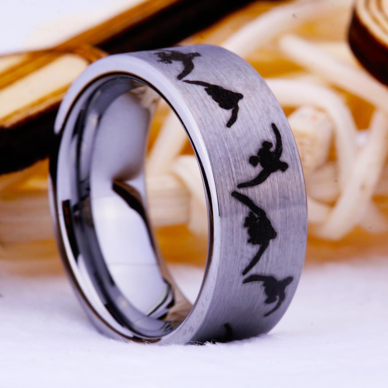 CLOUD DANCER Customizable for Wedding Date and The Names of Groom and Bride - Hunting Ducks Design and Matted Finished Tungsten Carbide Ring