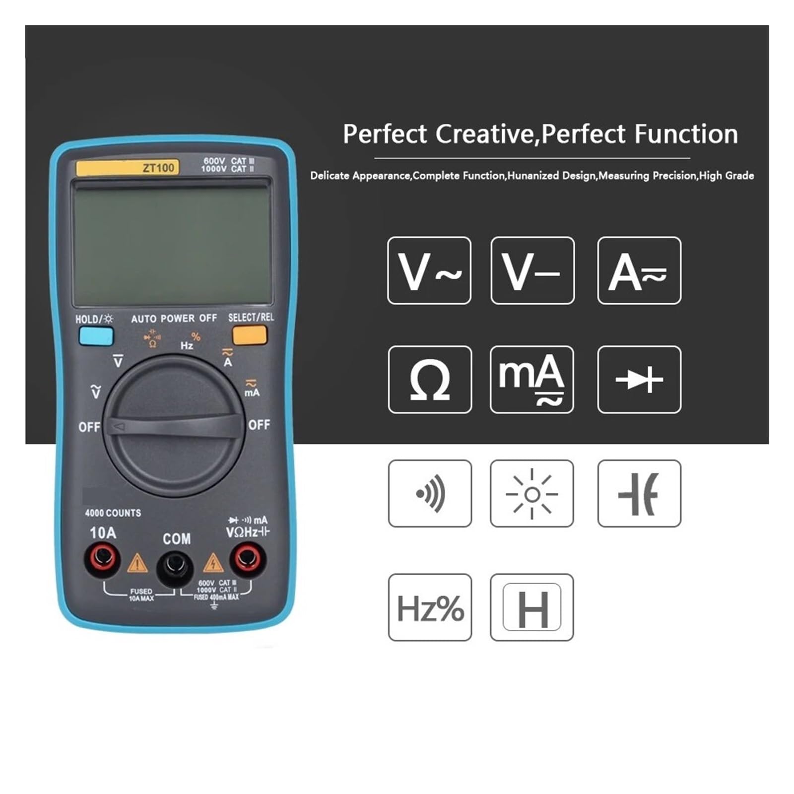 Multimetr Cyfrowy 4000 Zliczeń Napięcie DC/AC Prąd Pojemność Hz Dioda Ohm Tester Amperomierz Woltomierz Podświetlenie Szybko Dokładnie Łatwy Odczyt(ZT100 with T1101)
