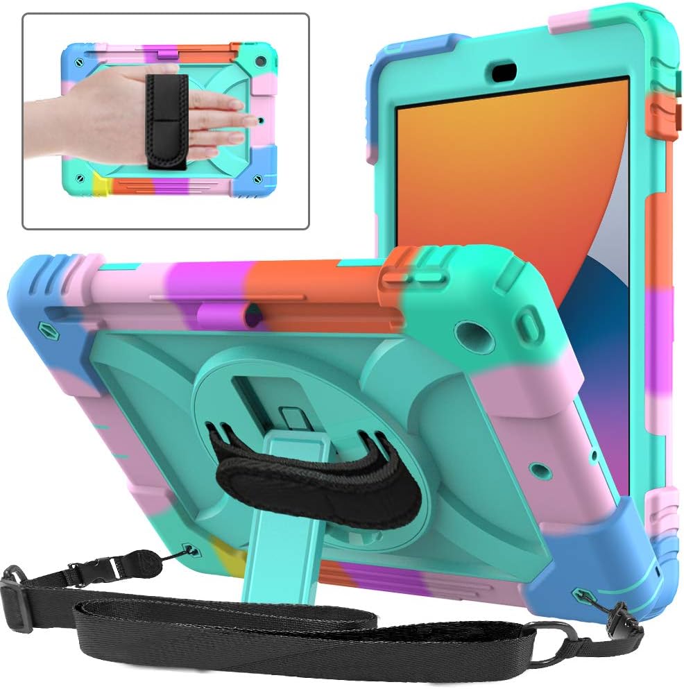 SINSOiPad 9th/8th/7th Generation Case,iPad 10.2 Case for kids, Shockproof [360 Rotating Stand] [Hand Strap] [Pencil Holder] Case for New iPad 9th Gen, iPad 10.2 Inch 2021/2020/2019 - Turquoise