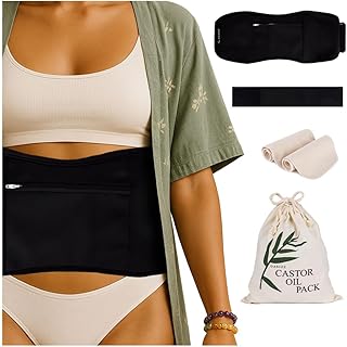 Reusable Castor Oil Pack Wrap for Stomach 5-Piece Kit, Adjustable 30–60″ Waist, Plush Cotton Flannel, Leak-Resistant, Chic Black Fabric Hides Stains, Pads & Storage Bag | Nurture Your Body Today