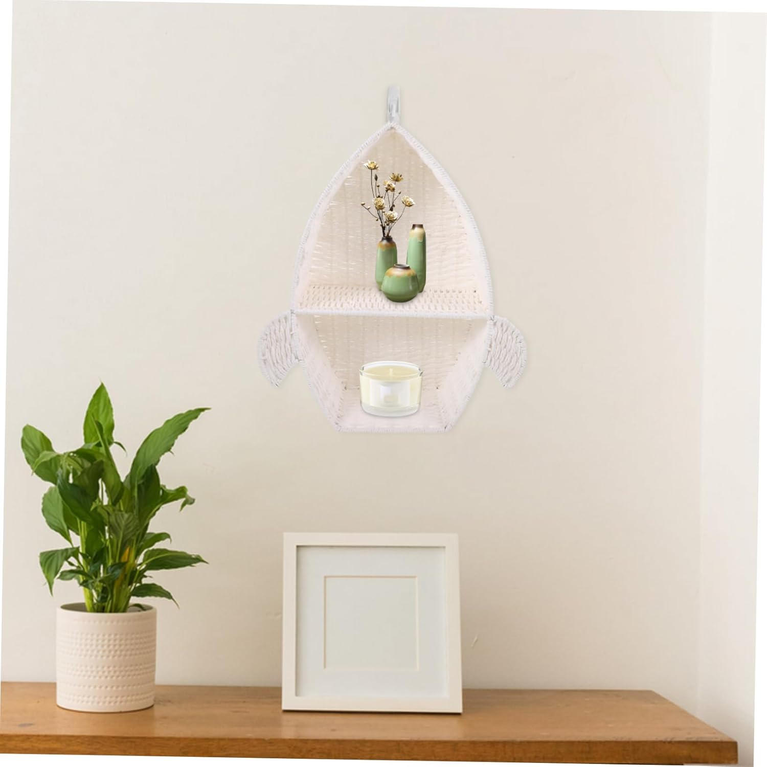 Lurrose Woven Wall Shelf Organizer Adorable Hanging Storage Rack for Home Decoration Woven Design Rustic Style for Kitchen Living Room and Bedroom Organization