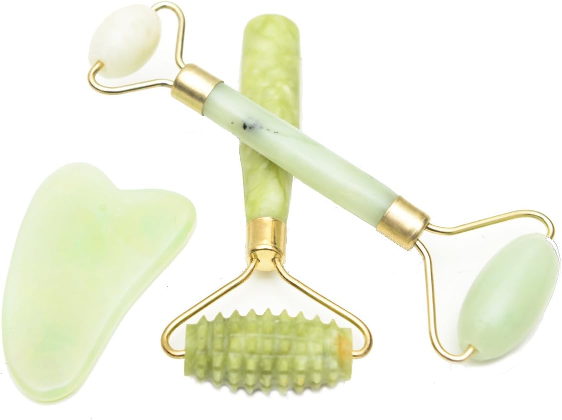 Natural Jade Stone Face Roller (Two Count) & Fascia Scraper