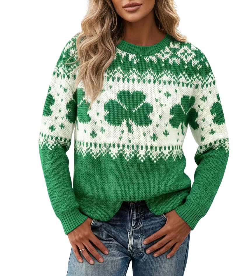 Womens Crewneck Long Sleeve Fair Isle Christmas Sweater Soft Loose Fit Knitted Sweaters