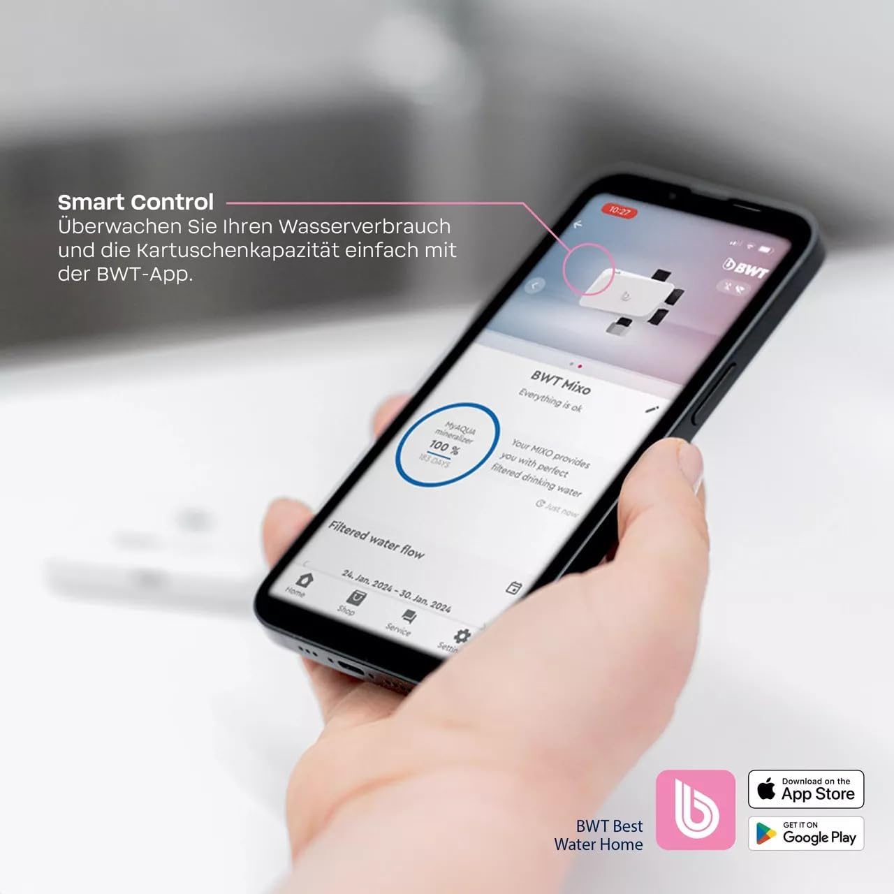 BWT MIXXO PERFECT TASTE Starter Kit | Wasserfilter Wasserhahn | inkl. Filterkartusche, gefiltertes oder ungefiltertes Wasser auf Knopfdruck, direkt aus dem Wasserhahn