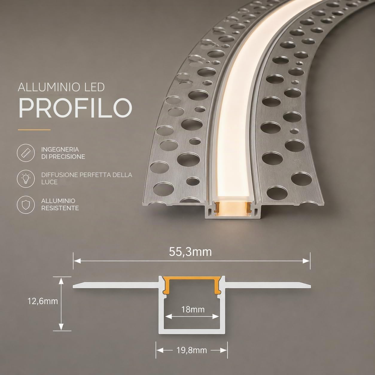 Jandei Profilo Flessibile da 3 Metri per l'Integrazione di Strisce LED in Intonaco o Cartongesso, Realizzato in Alluminio Grigio. Include Diffusore in Silicone