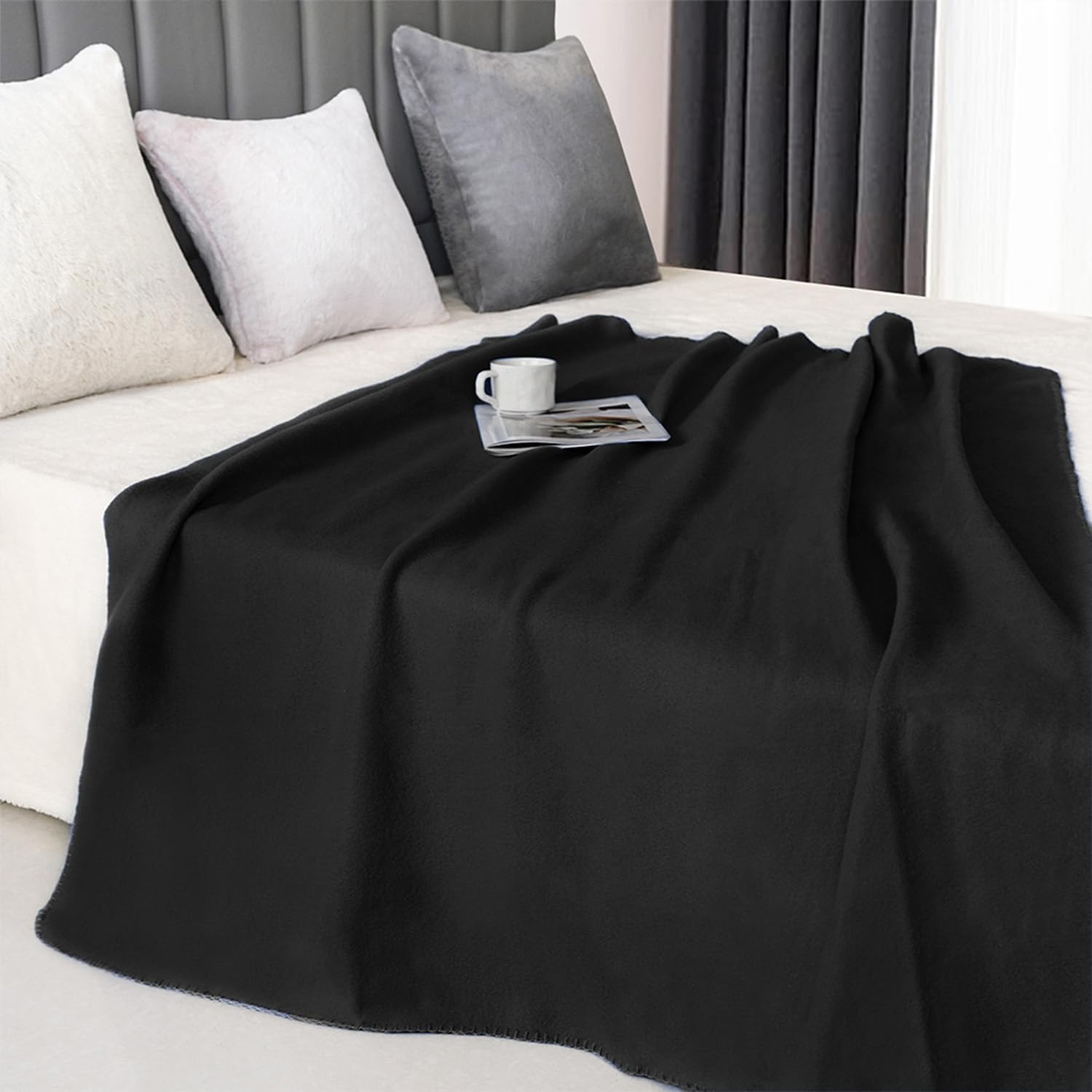 Fleece Throw Blankets Lightweight Warm Soft Cozy Pet-Friendly Bulk Fleece Throw Blanket Solid for Home Bed, Sofa, Office, Gifts, Outdoor (Black, Pack of 6-50 x 60 inch)