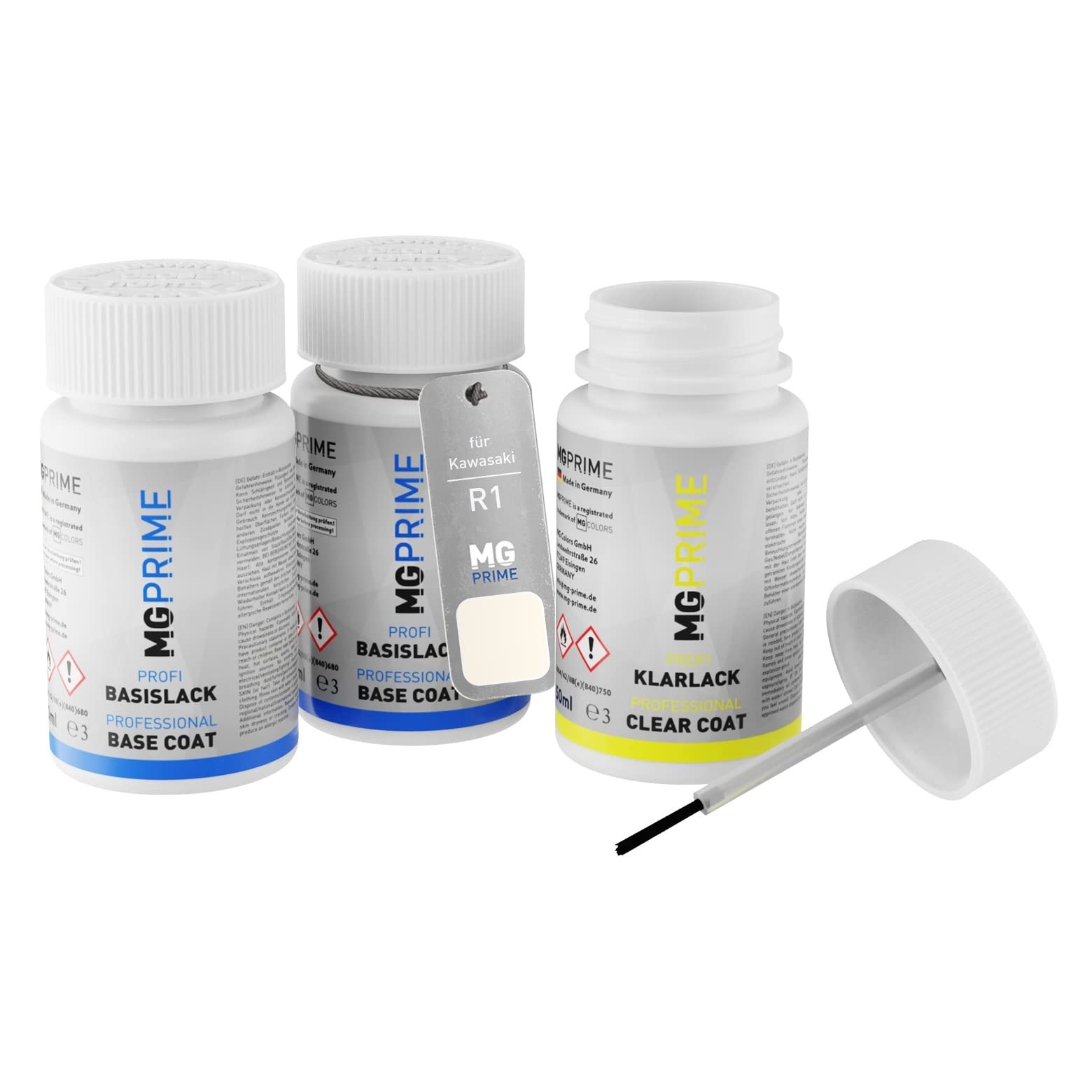 MG PRIME Motorcycle paint Touch-up pen set for Kawasaki R1 Alpine White Pearl M undercoat base coat clear coat 50ml each
