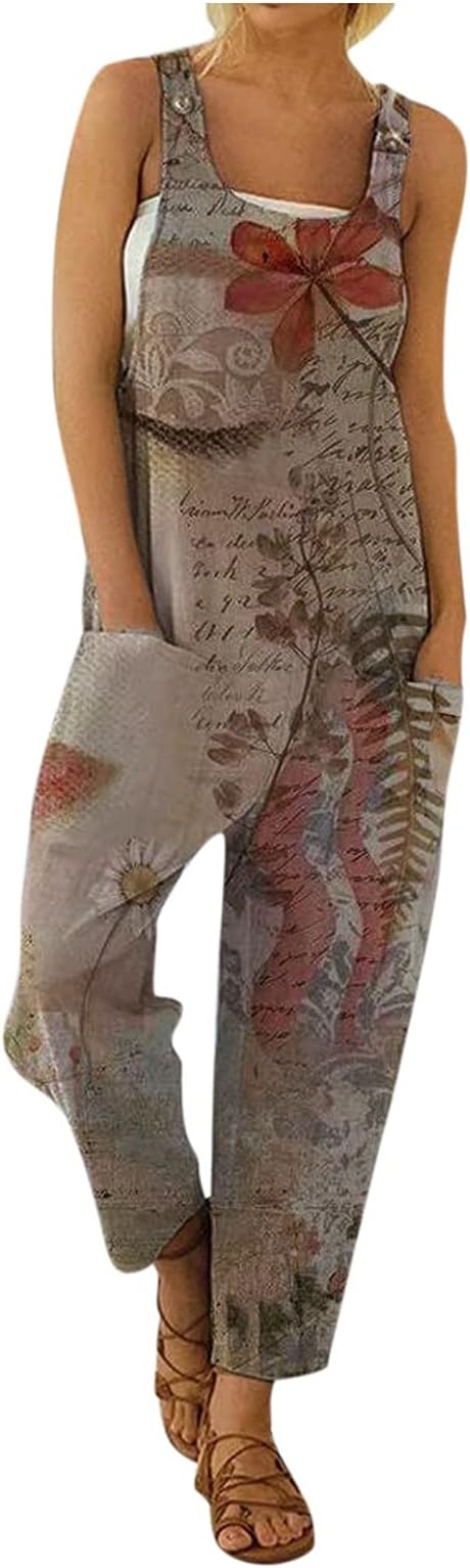 CHAOEN Women's Jumpsuit Summer Casual Spaghetti Jumpsuits Wide Leg Bib Dungarees Loose Playsuit Boho Print Pocket Romper